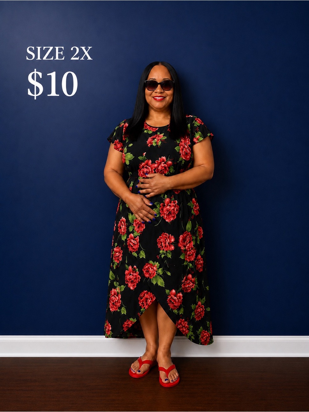 Black Floral Wrap Midi Dress - Size 2X